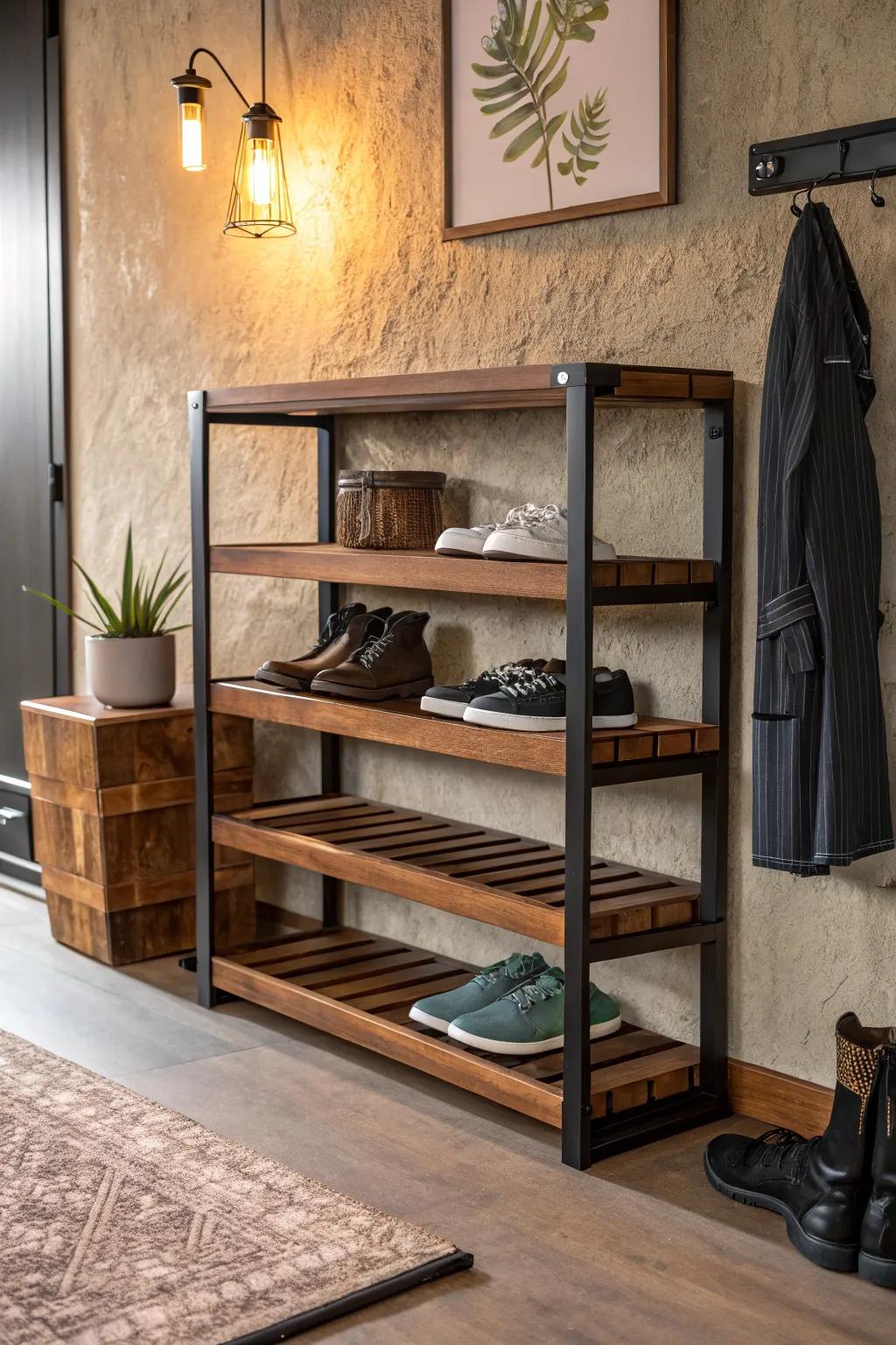 Durable materials like wood and metal bring elegance and strength to your shoe storage.