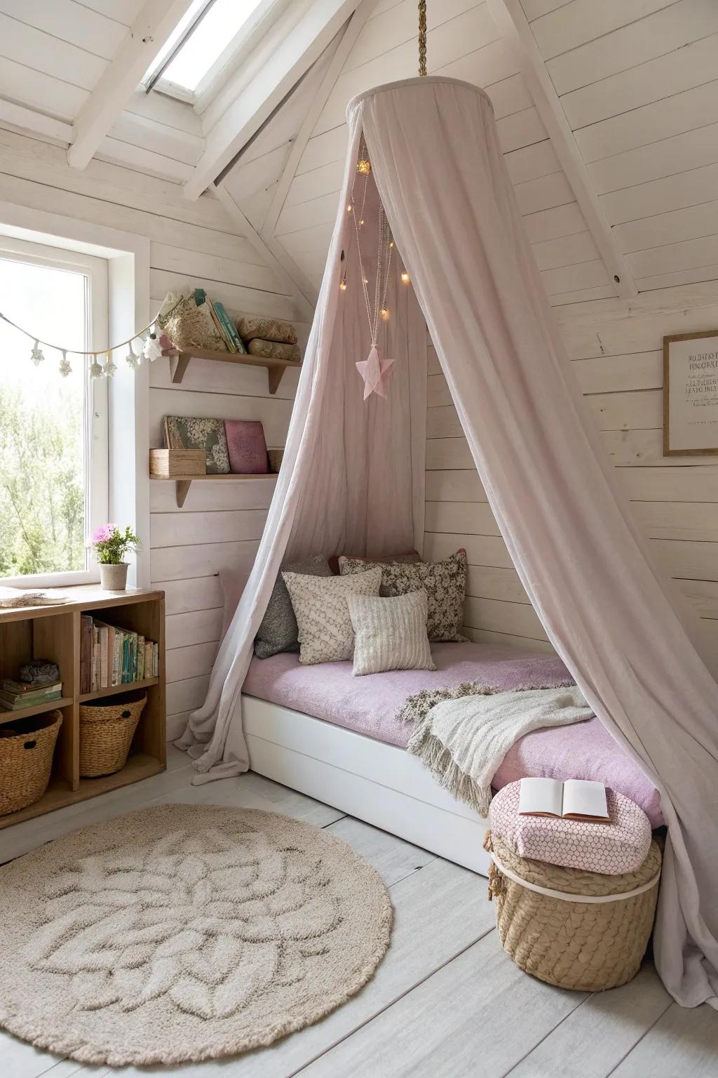 Create a magical escape with a charming canopy, perfect for daydreaming.