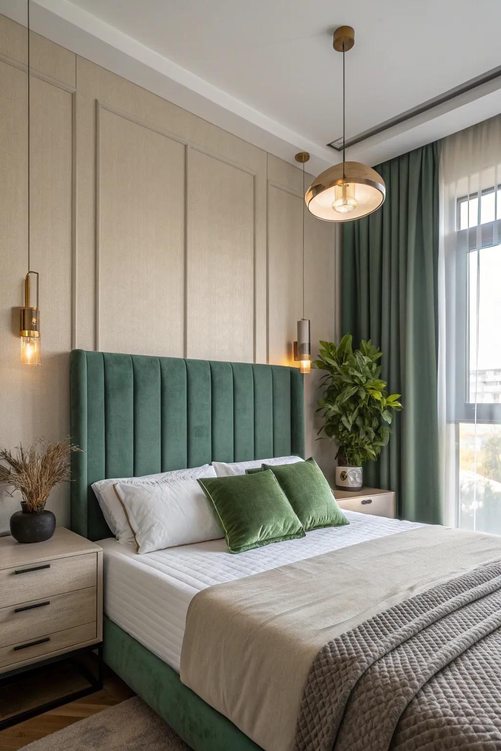 Simplicity meets elegance with a green headboard in a modern minimalist setting. 🌿 #MinimalistDesign #GreenLiving