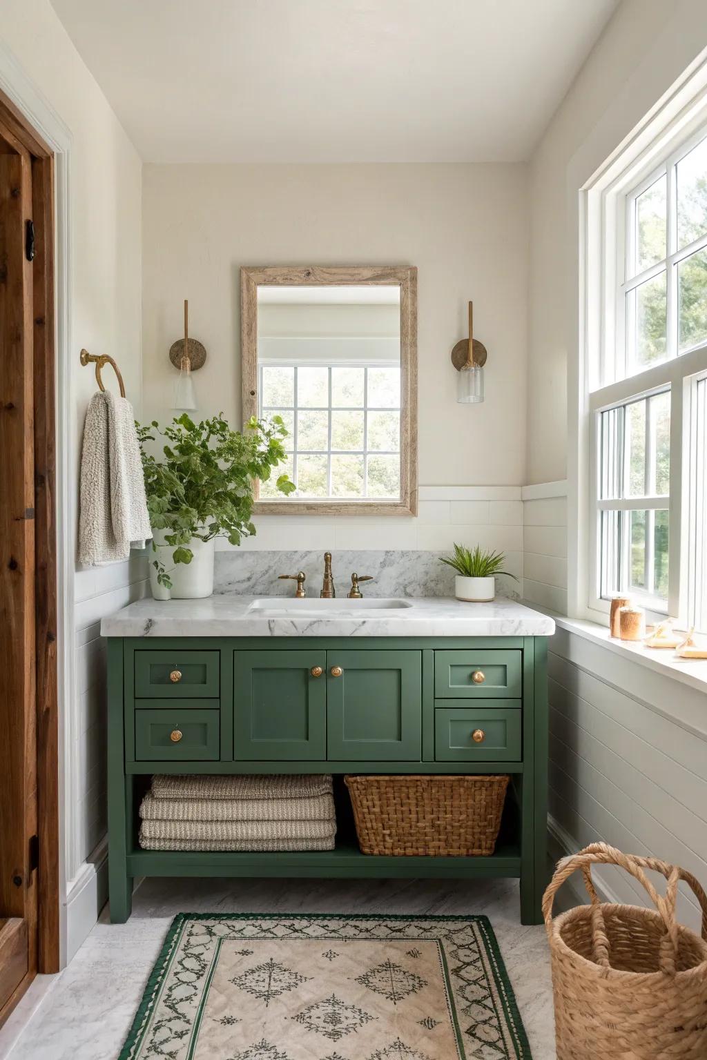 Timeless elegance meets modern design with a marble countertop atop your green vanity.