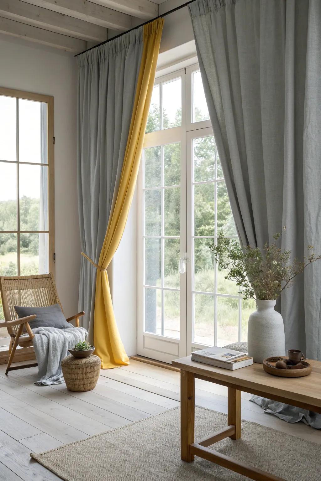 Let the light in with elegant grey and yellow curtains. A perfect blend of style and functionality.
