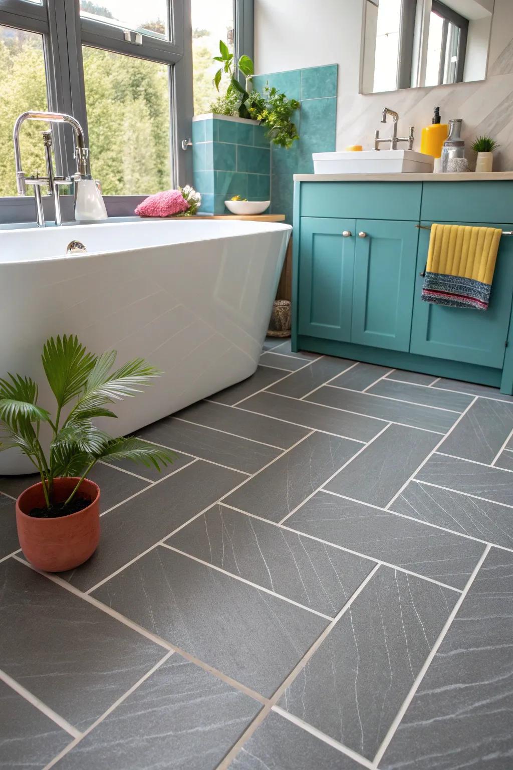 Minimalist grey floors offer a tranquil oasis, perfect for relaxation.