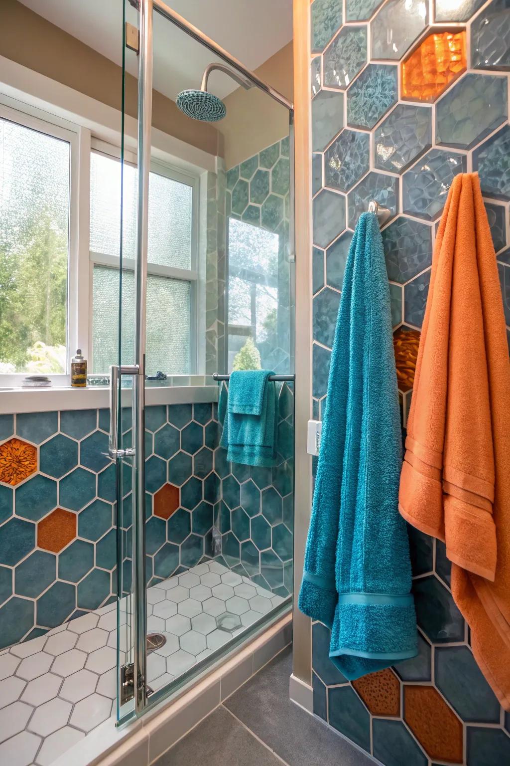 Capture the light and imagination with radiant glass hexagon tiles. ✨ #ShimmerAndShine #GlassTiles