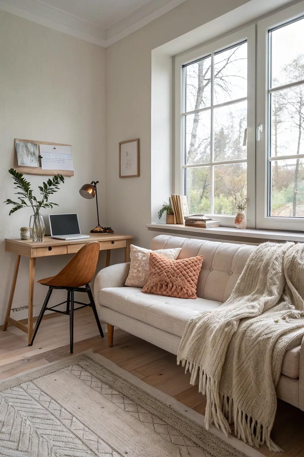 Balance tranquility and vibrancy with a neutral palette and colorful accents.