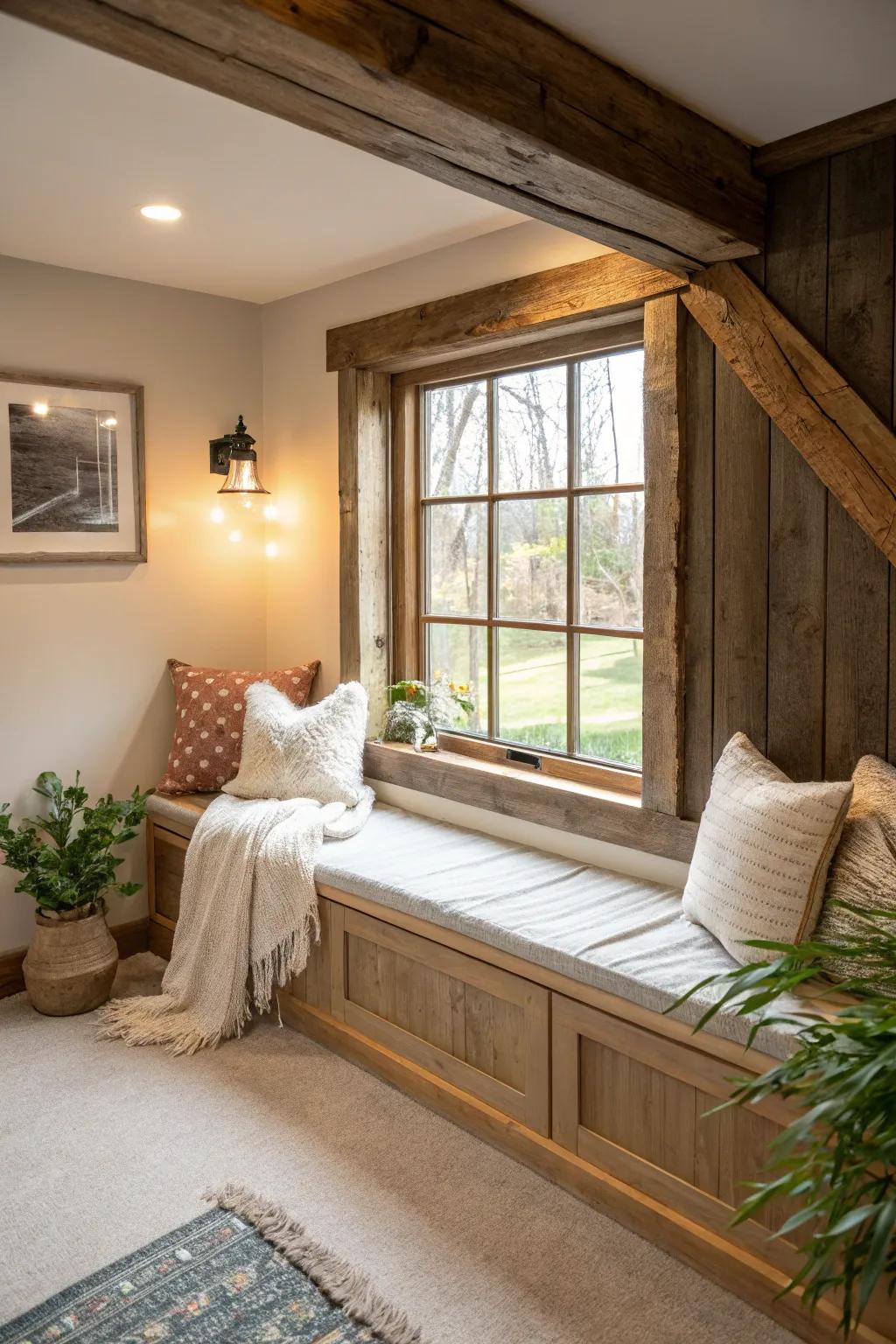 Add rustic charm with barnwood trim, perfect for creating a cozy, vintage-inspired space. 🪵 #RusticDesign #BasementStyle
