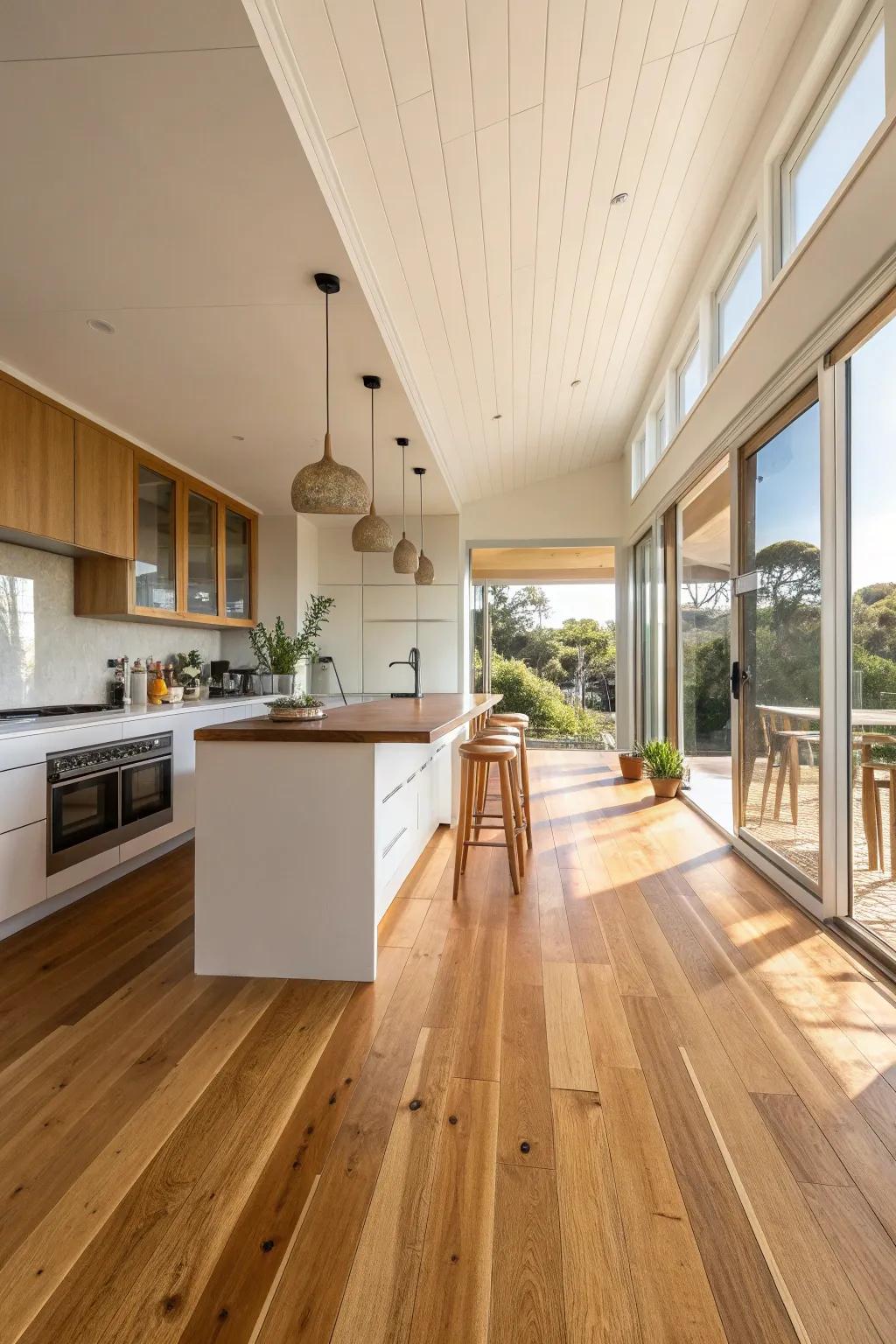 Step into warmth with timber flooring that enhances your kitchen's aesthetic. #TimberFlooring #WarmInteriors