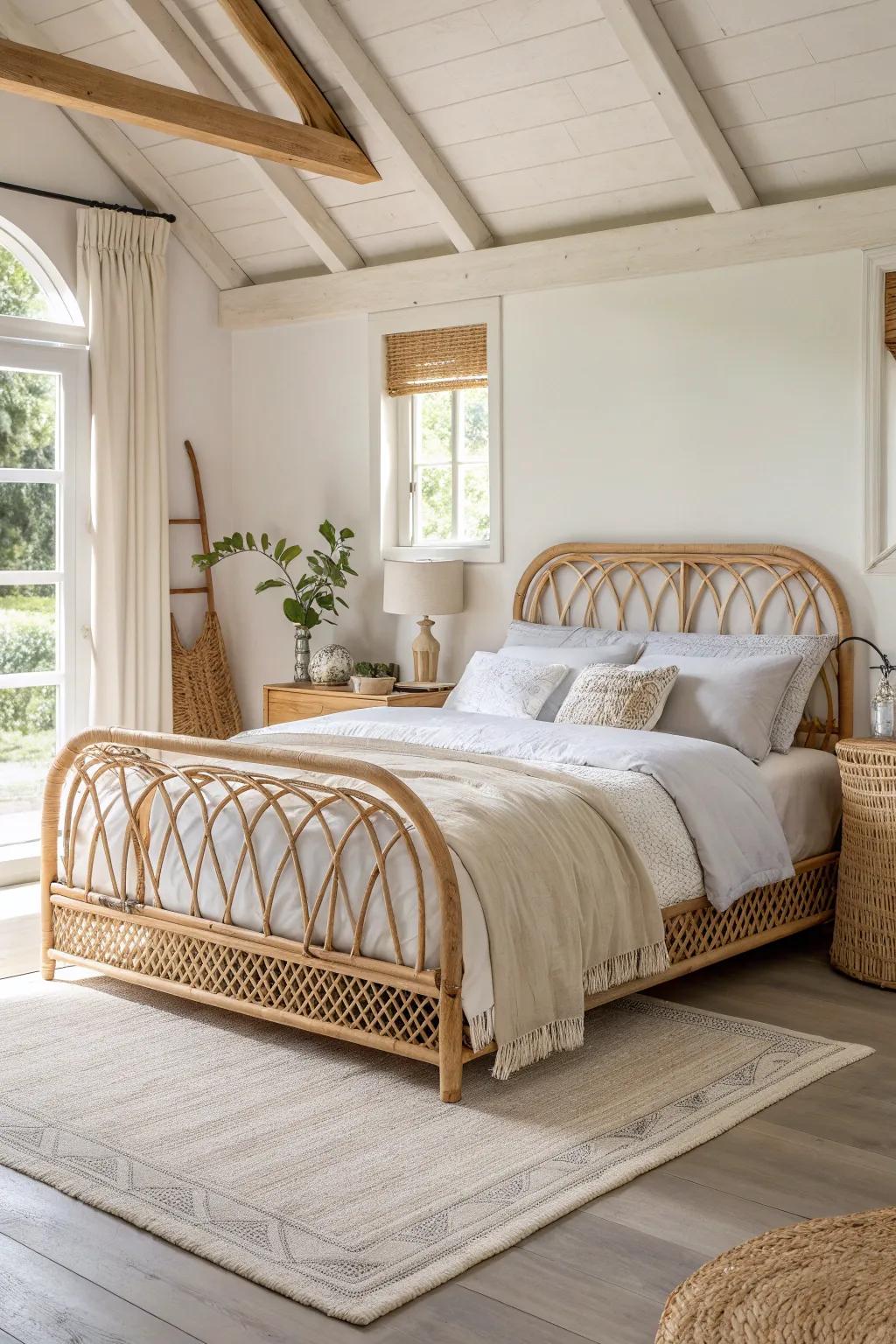 Natural materials like wood and rattan add warmth and texture to a light-filled bedroom.
