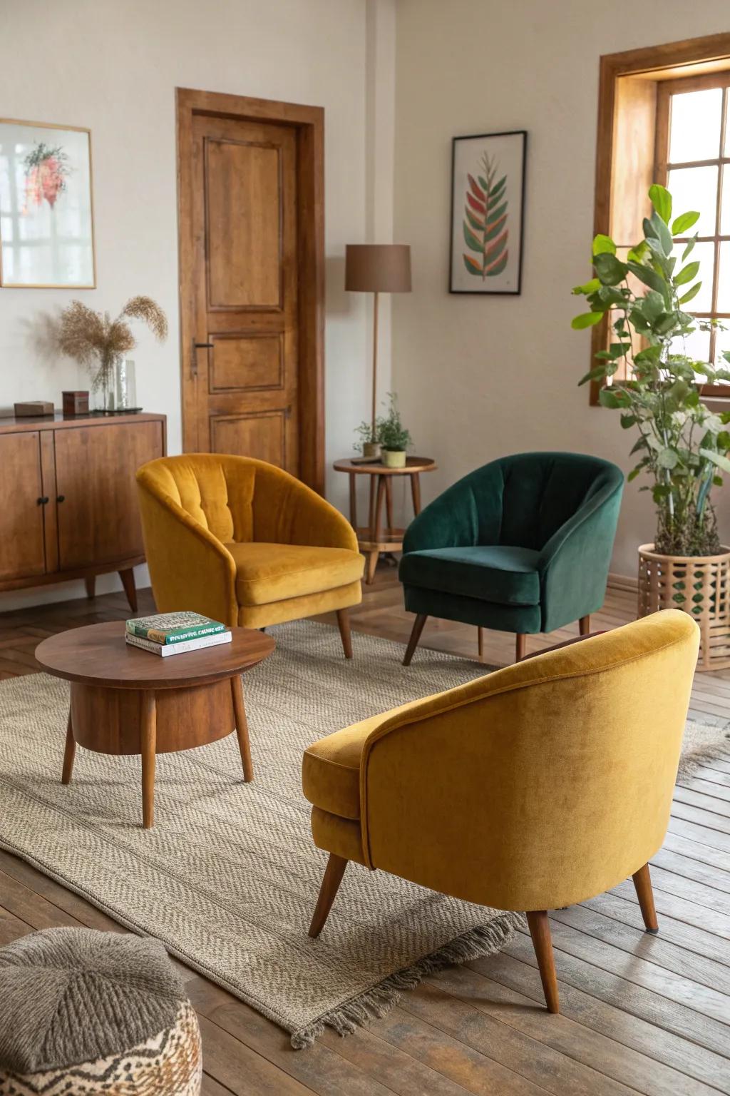 Armchairs offer flexibility and style in a sofa-free living room.