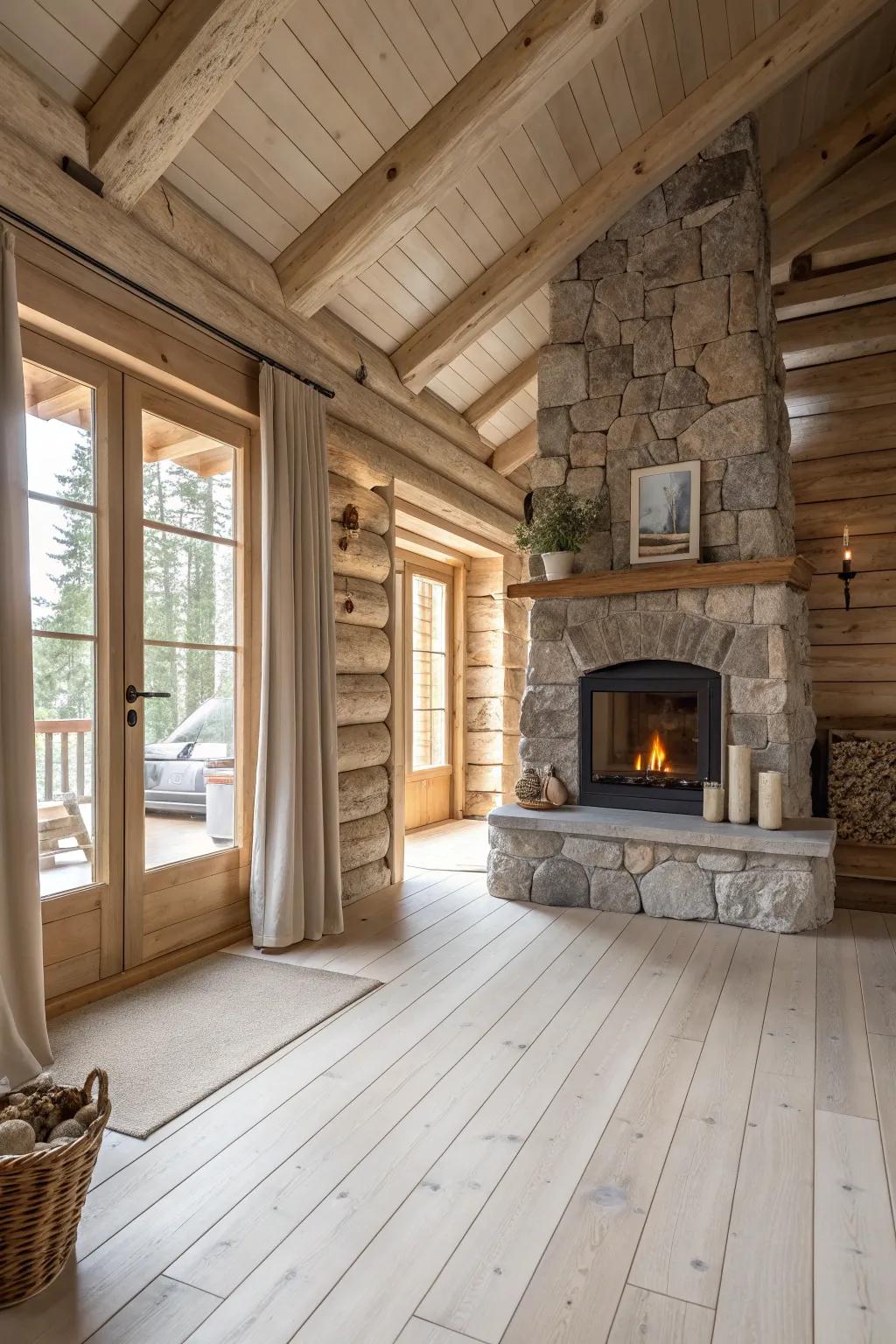 Achieve an elegant balance by harmonizing your flooring with other natural cabin elements. 🎨 #InteriorHarmony #LogCabinDesign