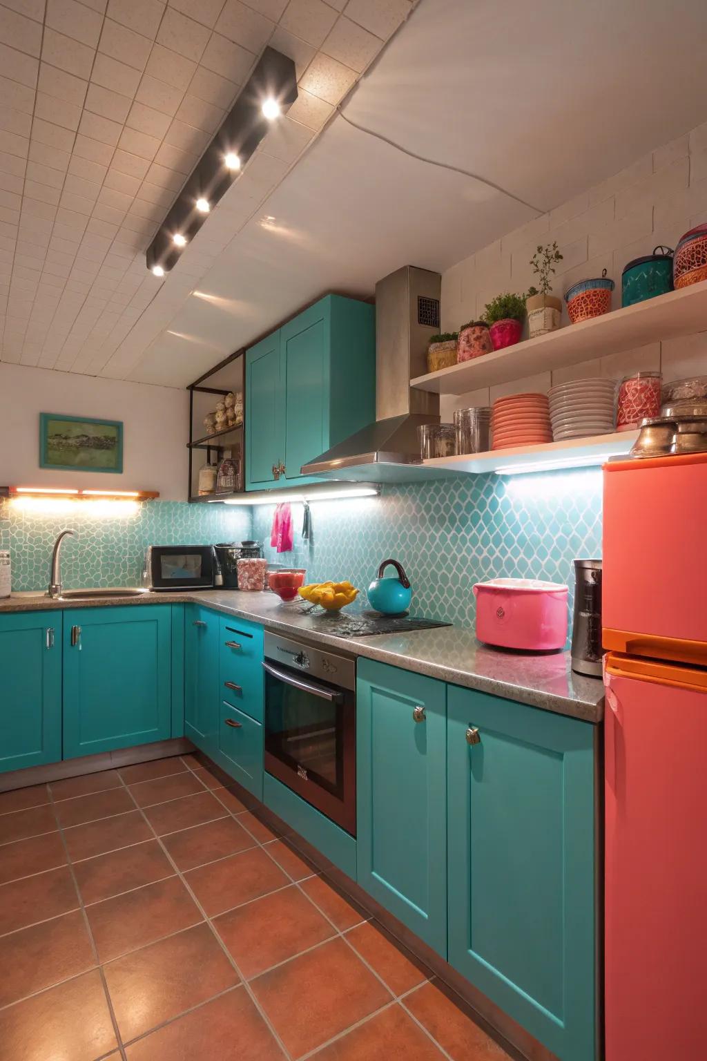 Under-cabinet lighting enhances both visibility and ambiance in compact kitchens.