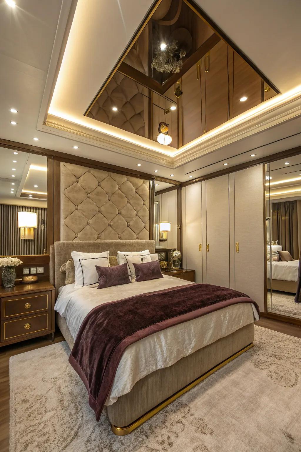 Wake up in luxury with a mirrored ceiling that adds elegance to your bedroom.