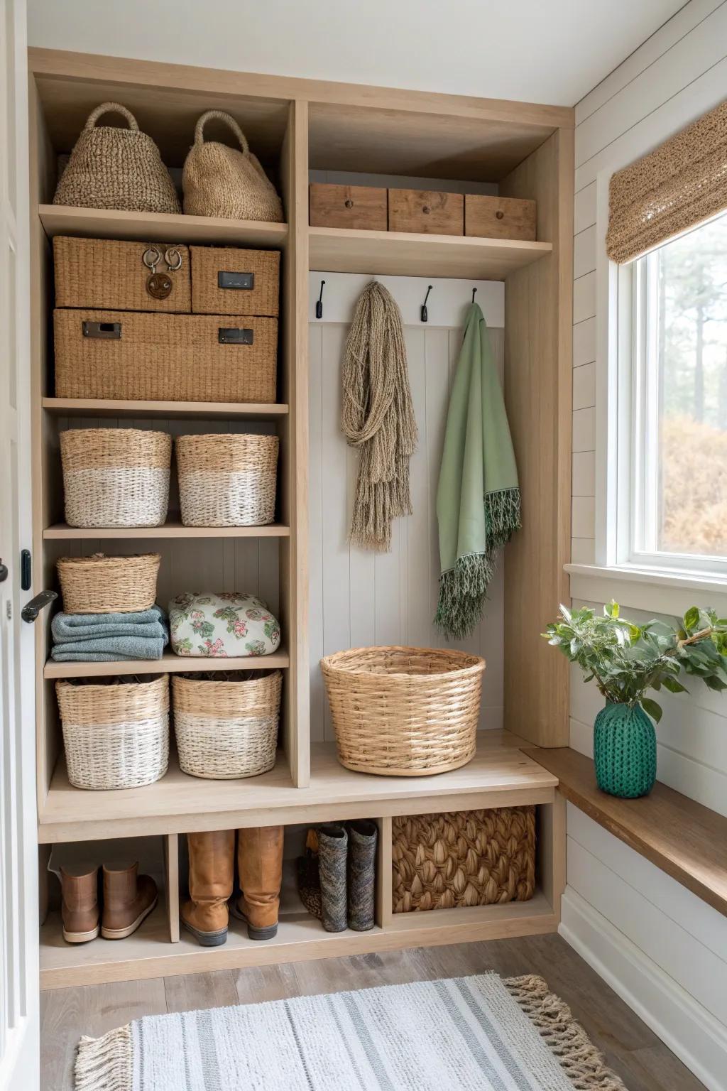 Woven baskets add both function and natural beauty to your mudroom. 🌾 #OrganizedLiving #MudroomStyle