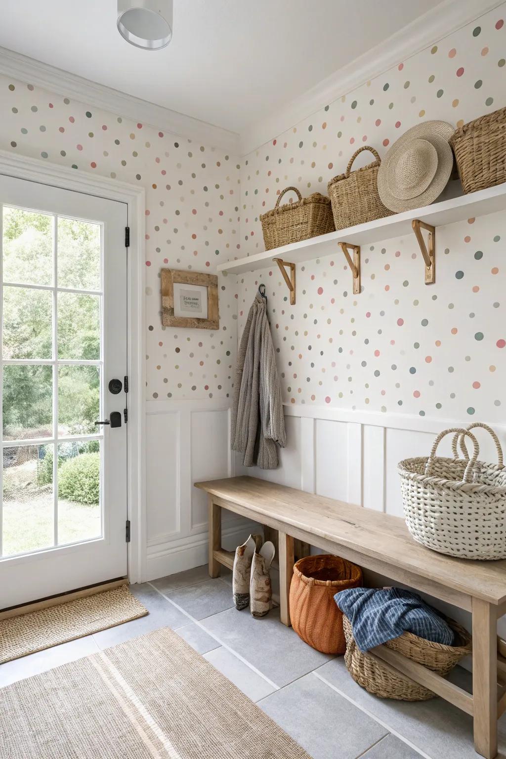 Bring joy to your mudroom with playful polka dots that create a lively atmosphere.