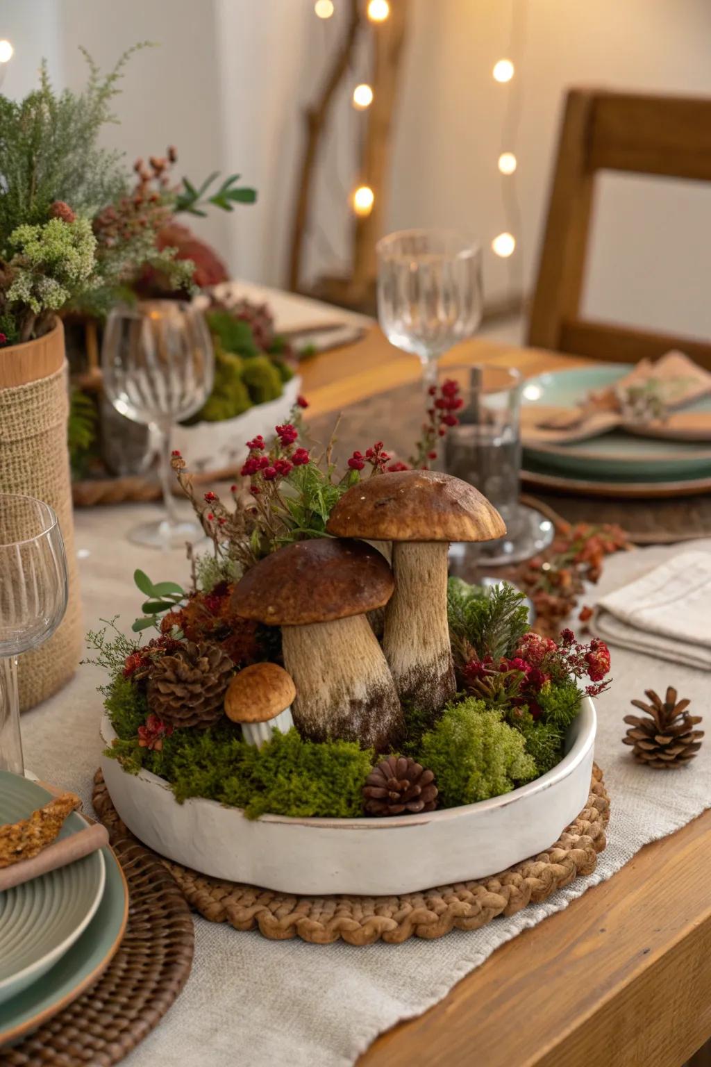Create a captivating dining experience with a mushroom centerpiece that adds elegance and whimsy.