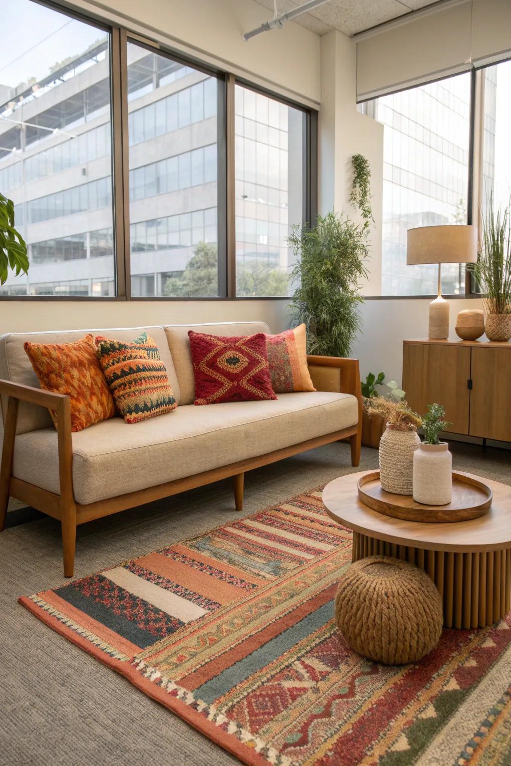 Brighten your workspace with colorful cushions and a vibrant rug. A splash of color can transform your office. 🌈 #ColorfulDecor #OfficeInspiration