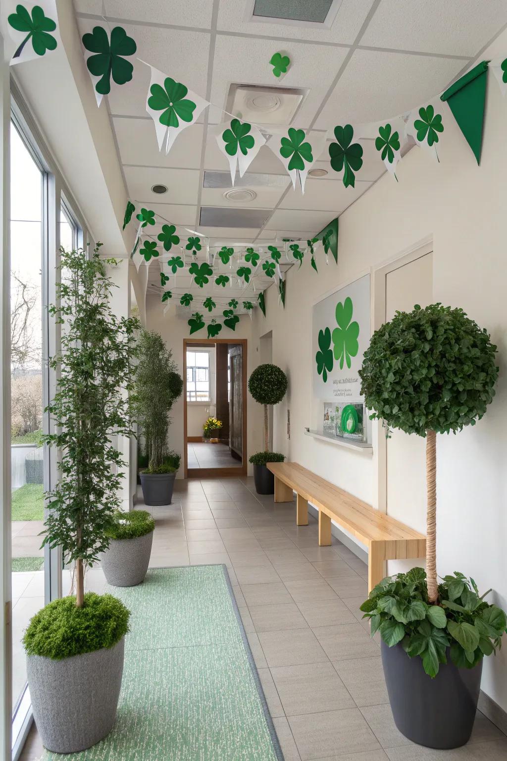 Create a welcoming entrance with lively plants and shamrock decorations that greet guests with festive cheer.