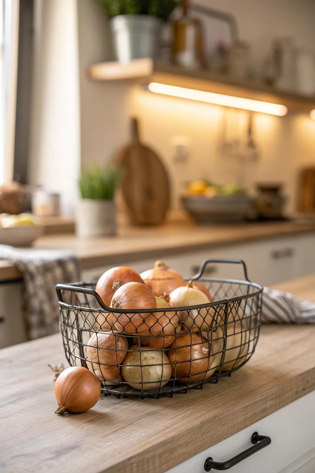 Bring an industrial vibe to your kitchen with wire baskets that blend style and functionality. 🧅 #IndustrialDesign #HomeDecor
