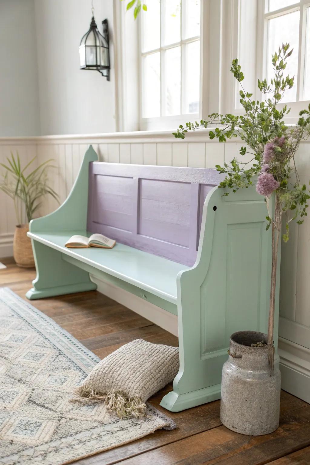 Breathe serenity into your space with pastel-painted pews.