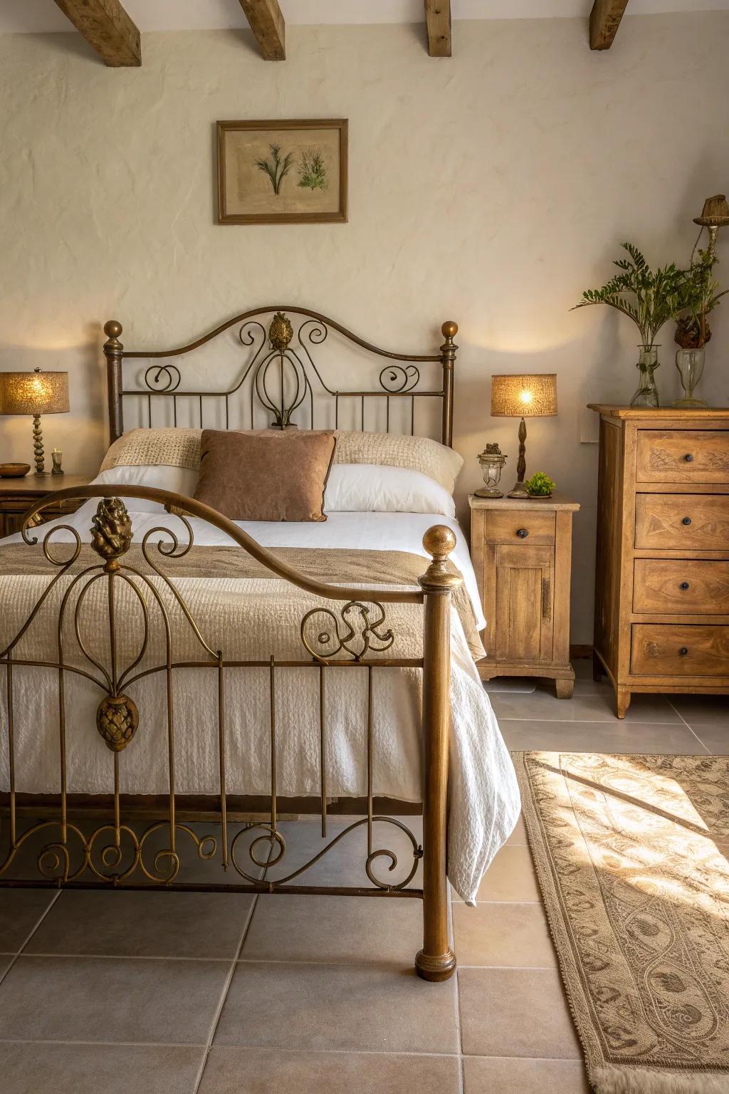 Step back in time with vintage vibes, where an antique wrought iron bed sets the stage for timeless elegance.