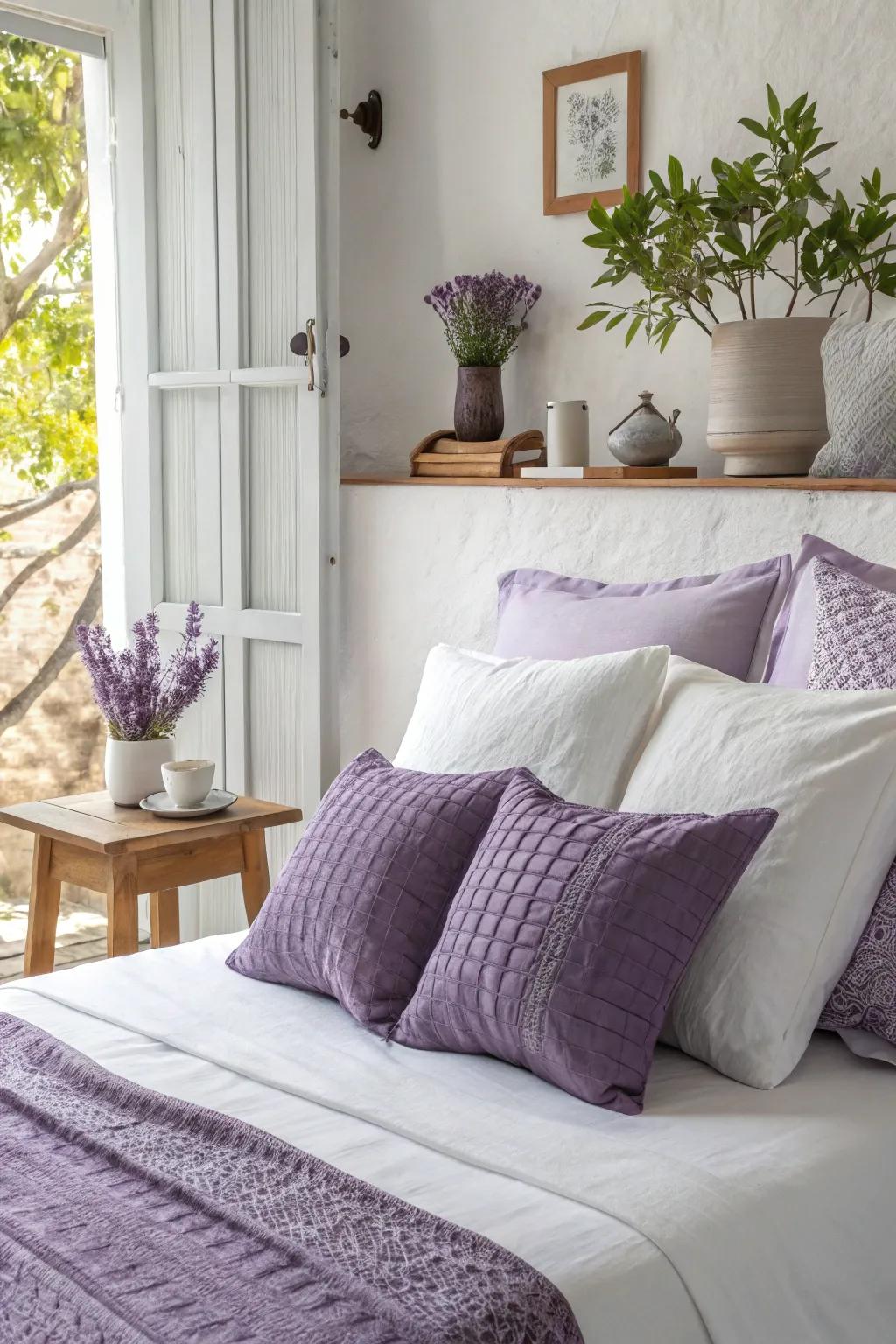 Varying shades and textures of purple throw pillows create a cozy and inviting atmosphere. #DecorInspiration #CozyVibes