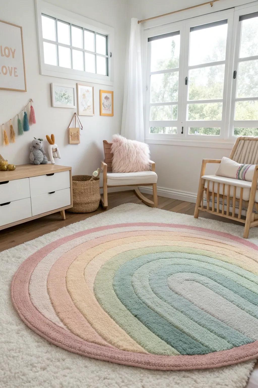 A soft rainbow rug not only brightens up the floor but also adds a cozy touch to the room. 🧡💛 #InteriorDesign #CozySpaces