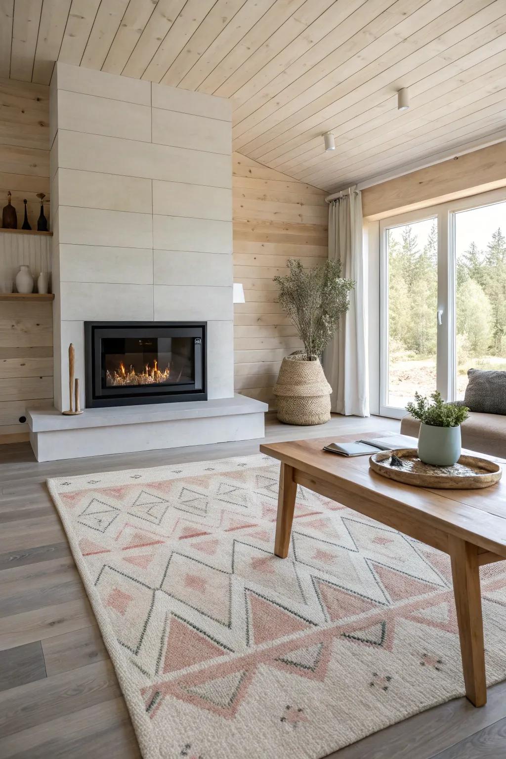 Create a modern masterpiece with a geometric rug that complements a sleek fireplace.