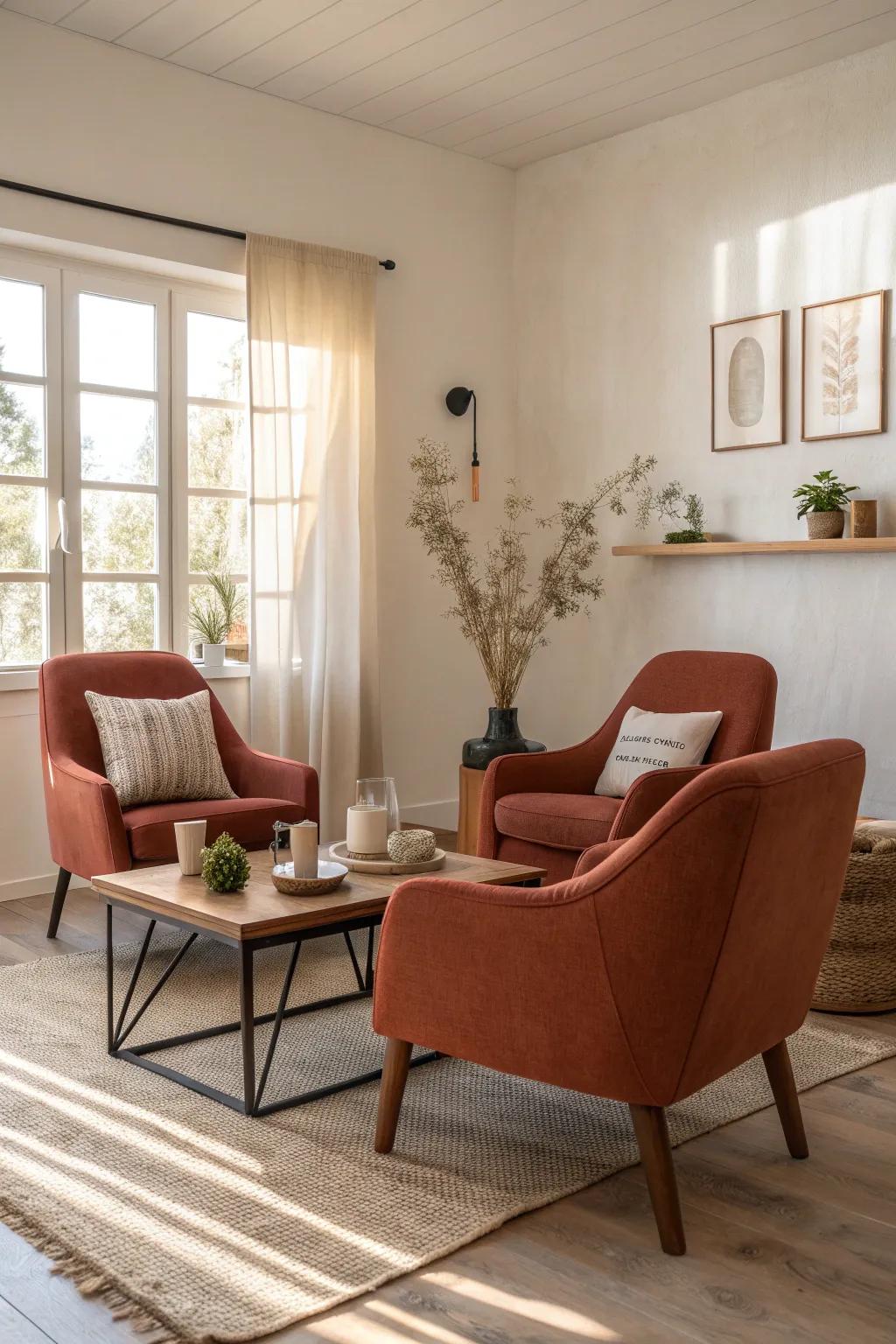 Upholstered chairs in rust tones offer both comfort and style to your living room.