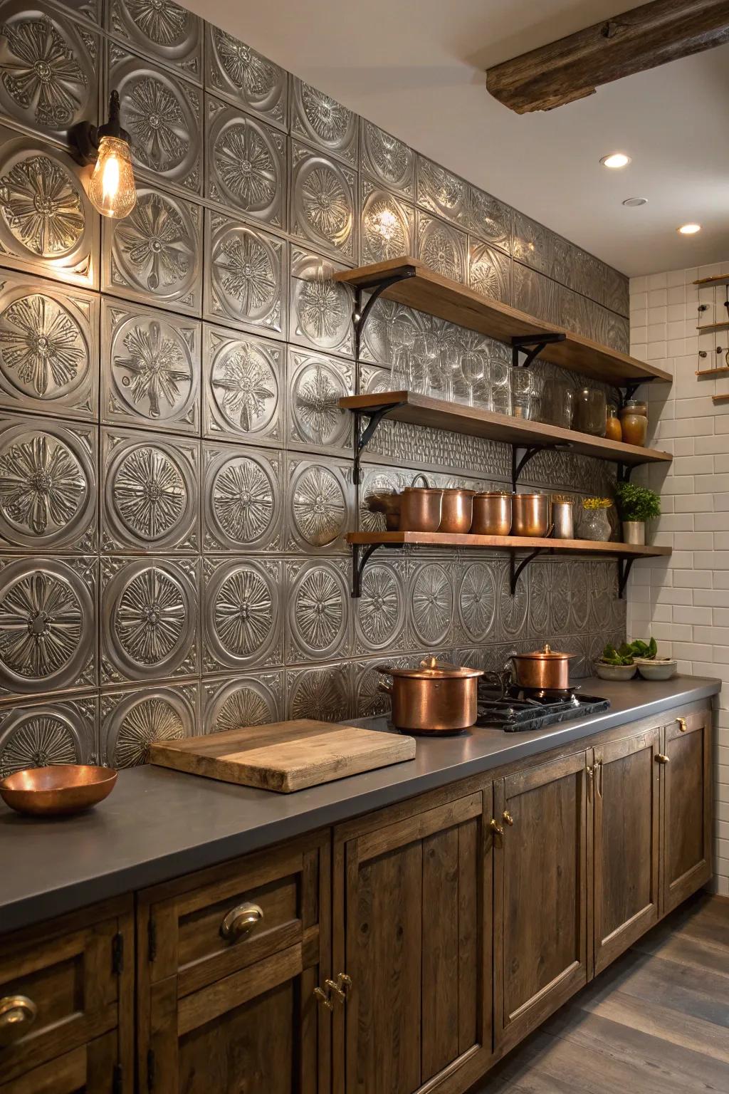 Transform your kitchen with a full-wall <strong>tin backsplash</strong>, creating an elegant and cohesive design. ✨ #KitchenGoals #InteriorInspiration” loading=”lazy” class=”pimg”>
	</picture><figcaption>Transform your kitchen with a full-wall <strong>tin backsplash</strong>, creating an elegant and cohesive design. ✨ #KitchenGoals #InteriorInspiration</figcaption></figure>
<p>Why not go all out and cover an entire wall with tin? This approach brings a dramatic yet cohesive look that can unify your kitchen’s design in a striking way.</p>
<h3>Check these products out:</h3>
<ul class=