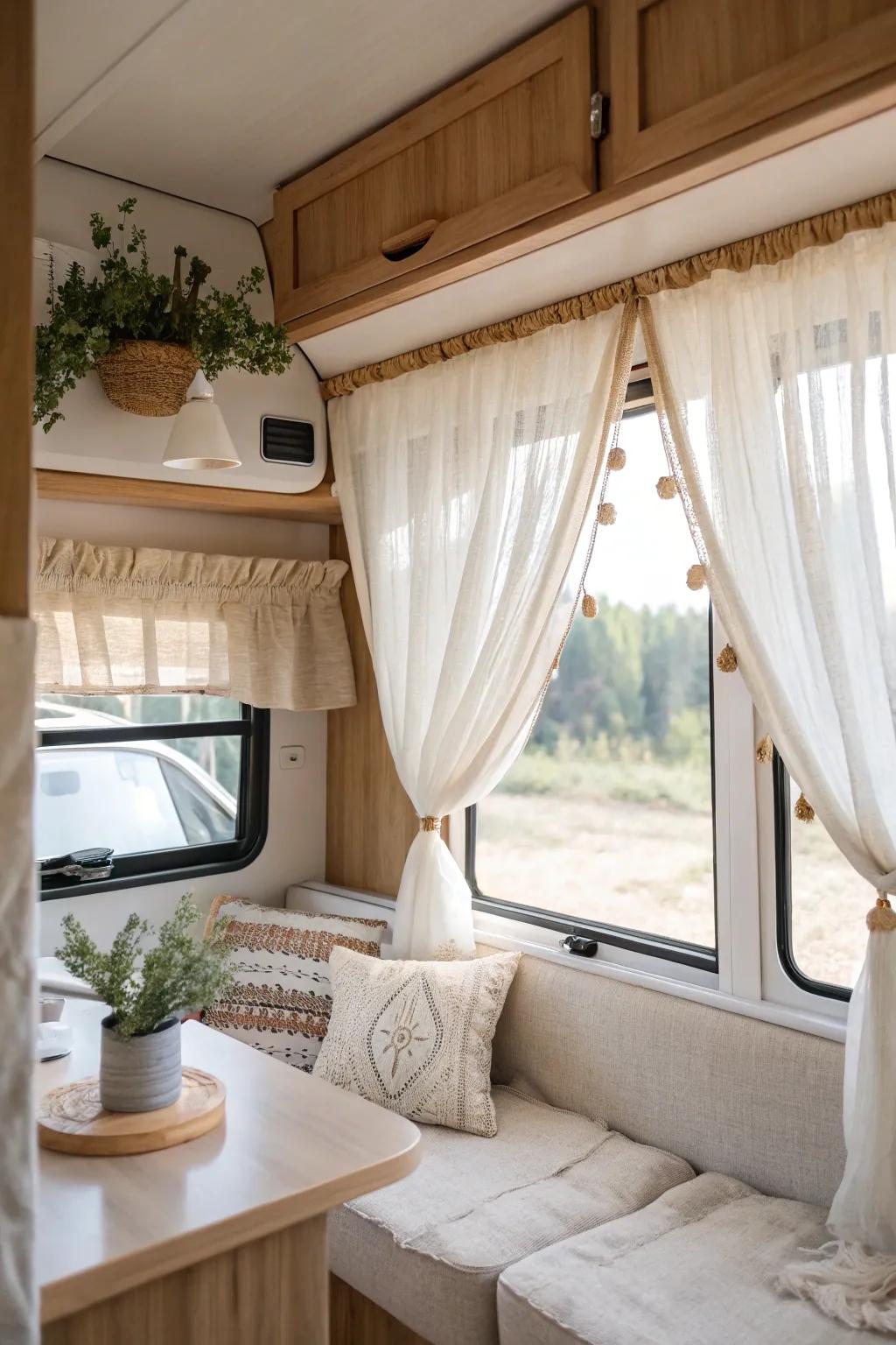 Create depth with layered fabrics for a luxe window treatment. #LayeredLook #RVInspiration ✨