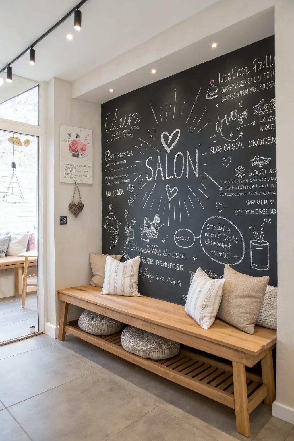 Bring a touch of whimsy to your salon with a charming chalkboard wall 🖍️ #ChalkArt #CreativeSpaces