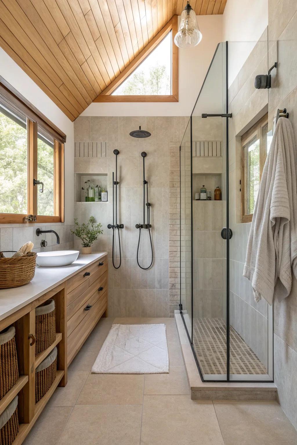 Spacious shower areas redefine comfort in shared bathrooms.