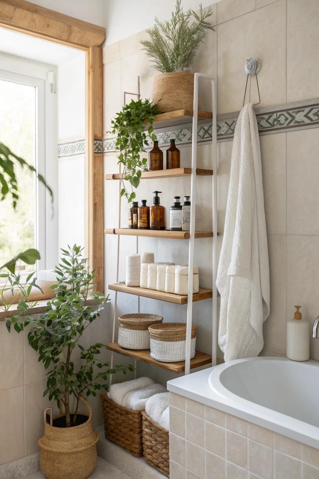 Achieve a tidy shower space with adjustable tension rod shelves! 🚿 #BathroomOrganization #SmartStorage