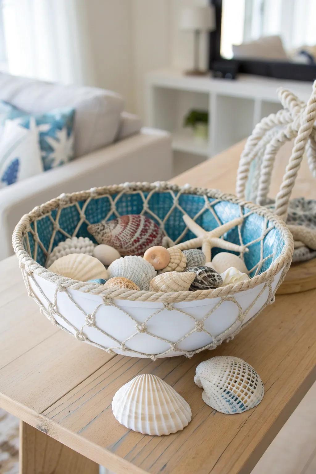 Create a conversation starter with a nautical net and shell bowl that captures the spirit of the sea.