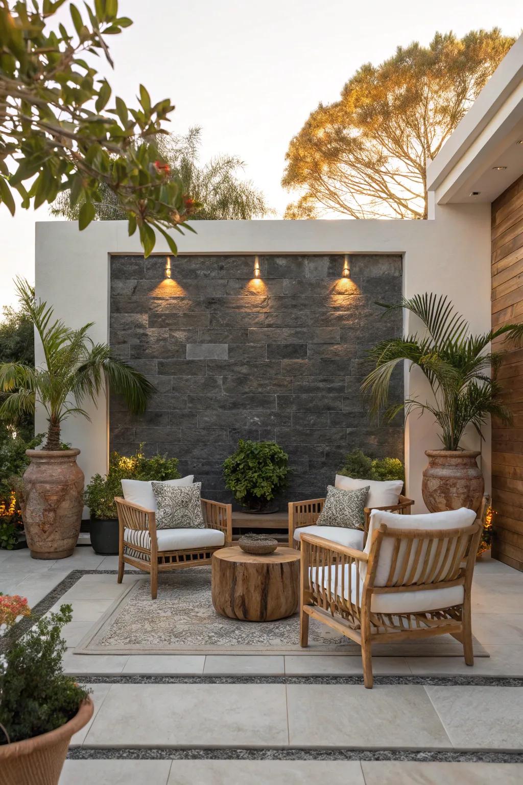 Create an outdoor oasis with a slate accent wall that harmonizes with nature and offers elegant charm.