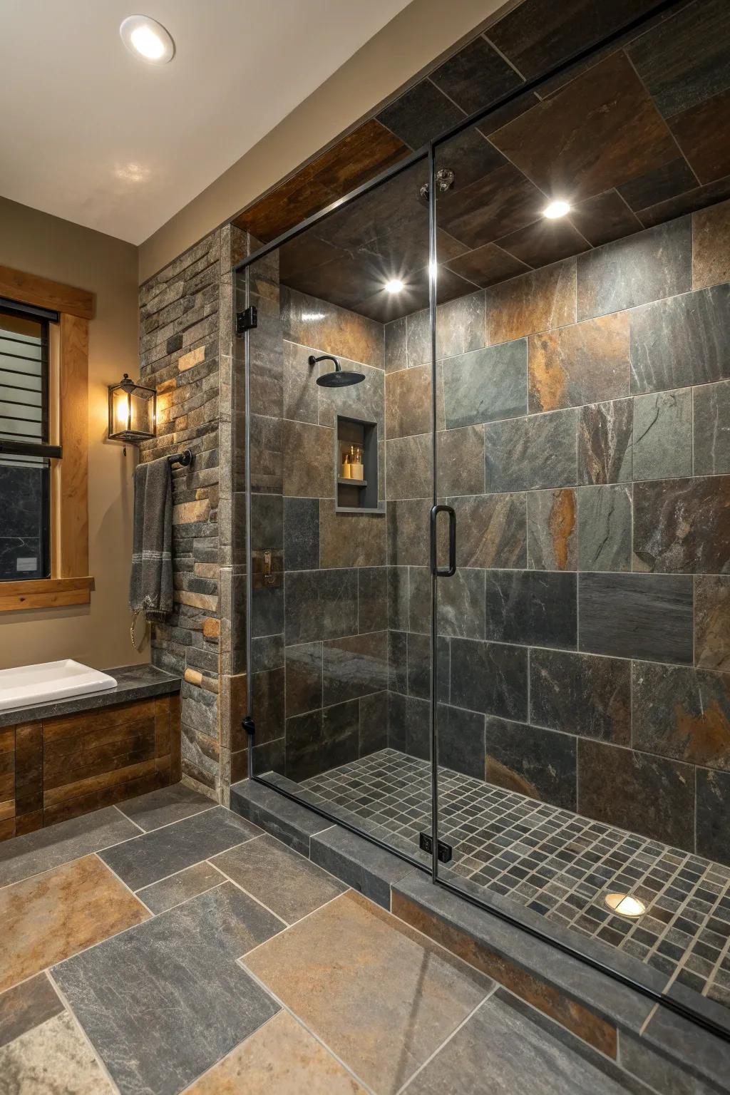 Transform your shower into a spa-like haven with the timeless beauty of slate tiles.