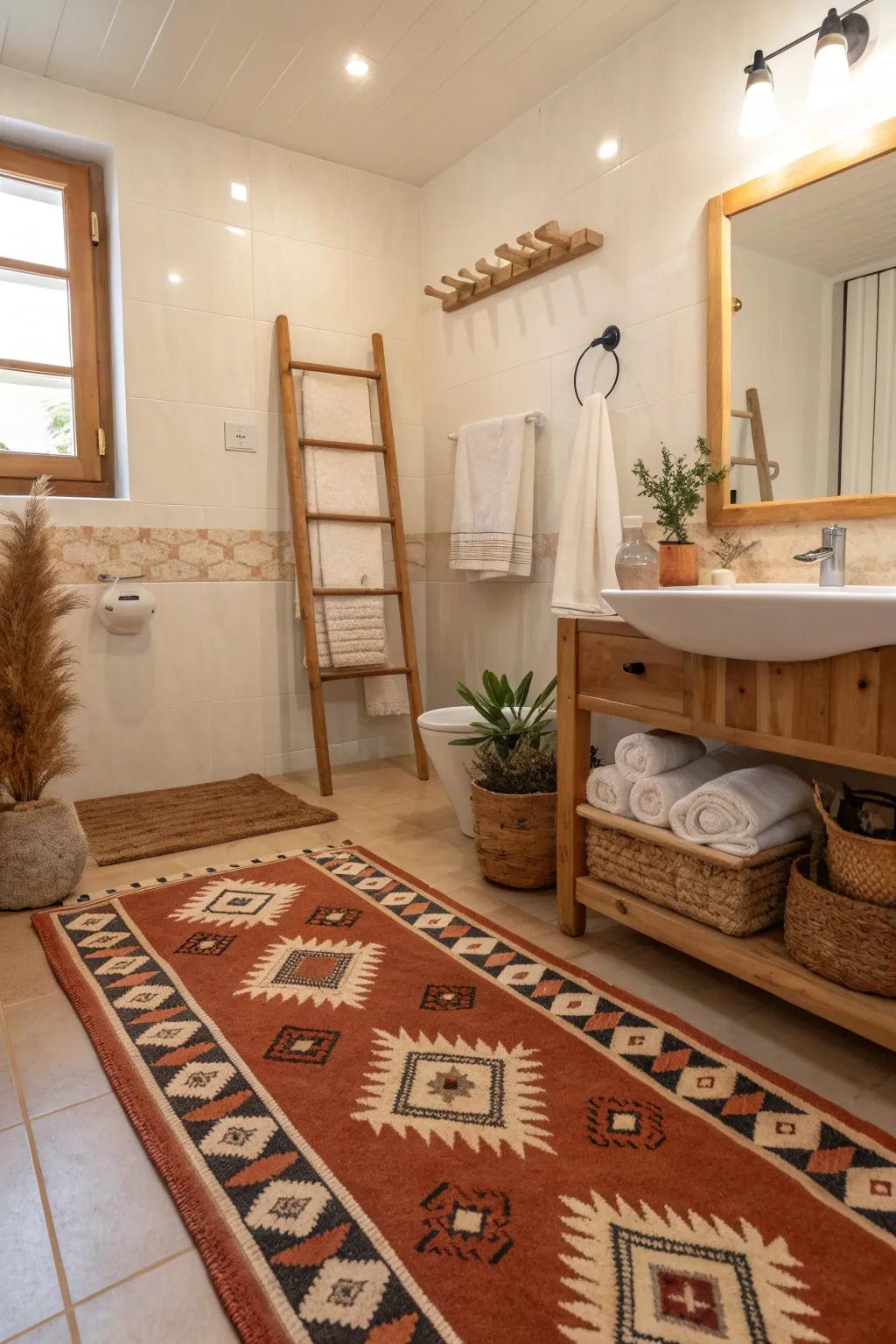 Vibrant textiles add a splash of color and warmth to your southwestern bathroom. #TextileInspiration #HomeDecor