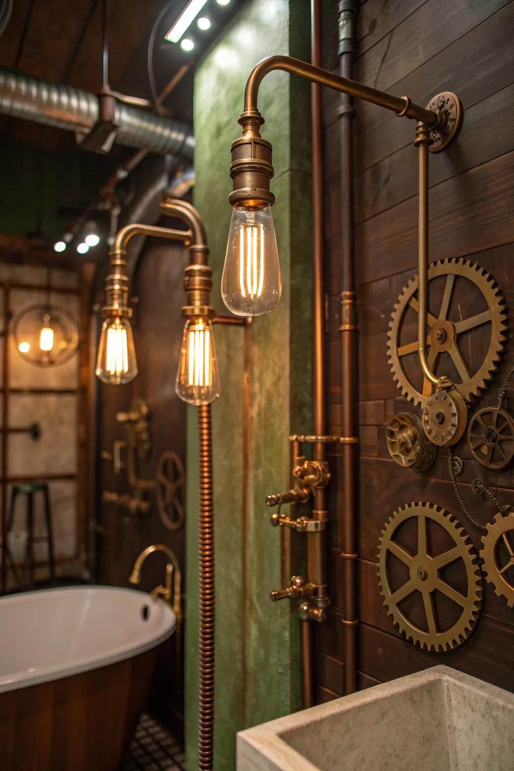 Illuminate your shower with the timeless glow of Edison bulbs. 💡 #LightingDesign #SteampunkAmbience