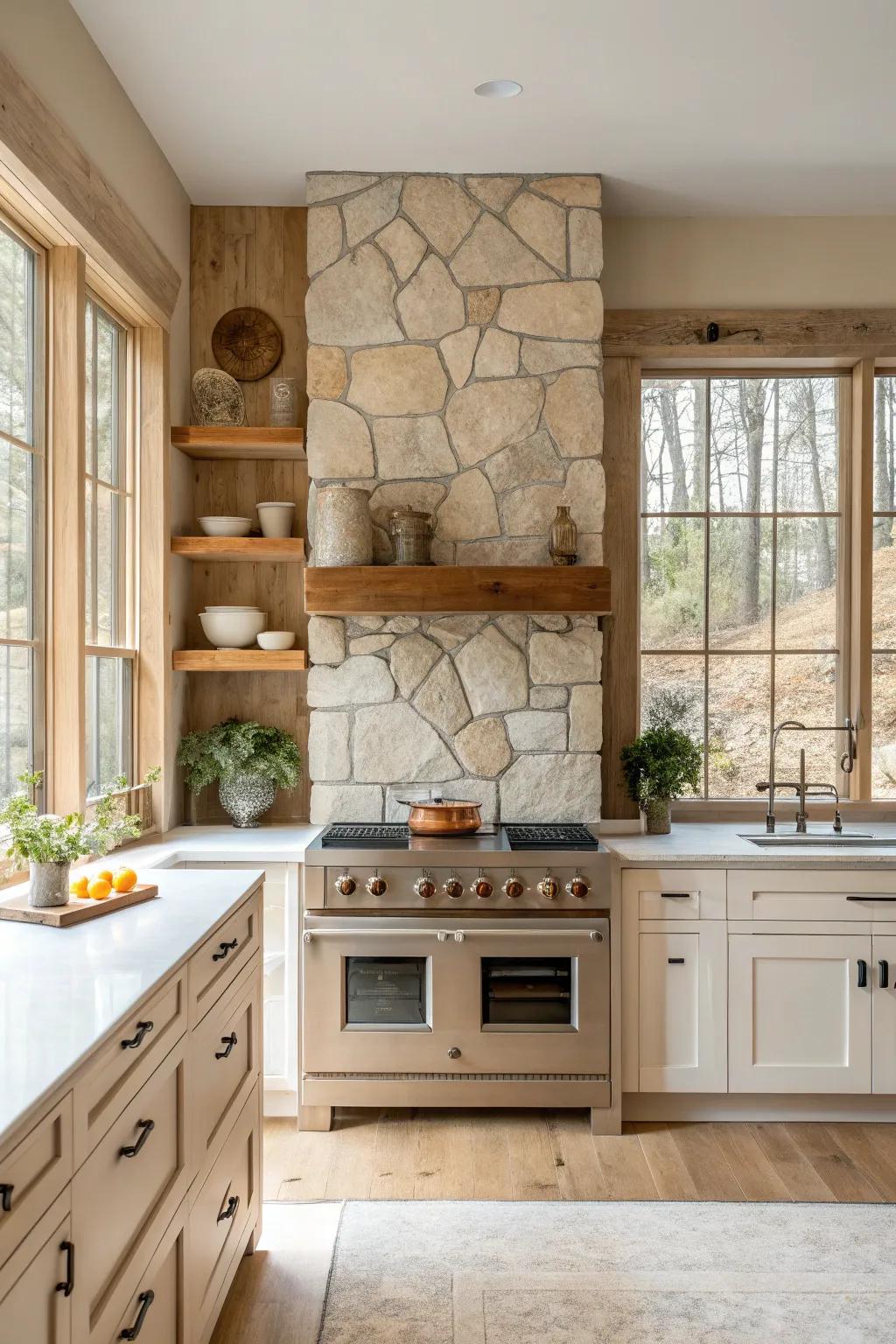 Make your stove area pop with a stone accent wall that serves as a stunning visual centerpiece.