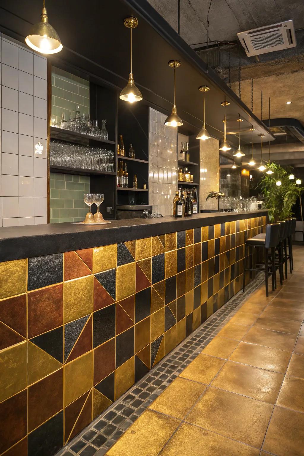 Shine bright with metallic tiles that turn your bar into a dazzling focal point. 🌟 #Glamorous #InteriorInspiration #BarDesign