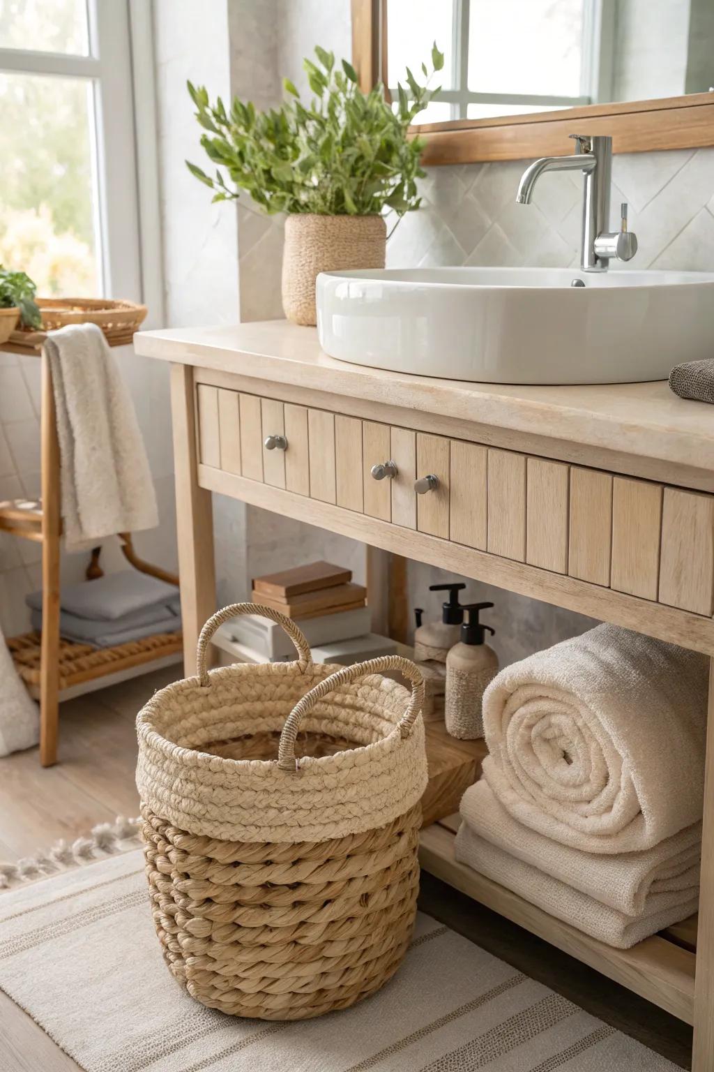 Woven baskets are a charming way to conceal pipes and keep your space tidy.