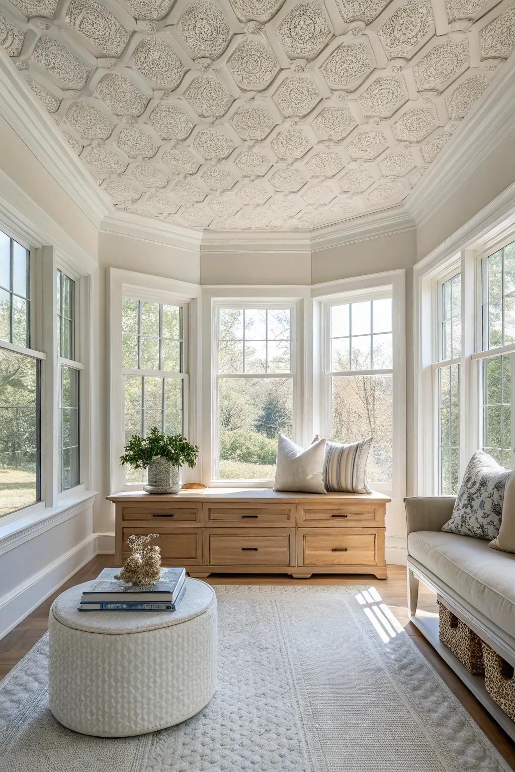 Enhance natural light with a wainscoting ceiling in a bright, airy room.