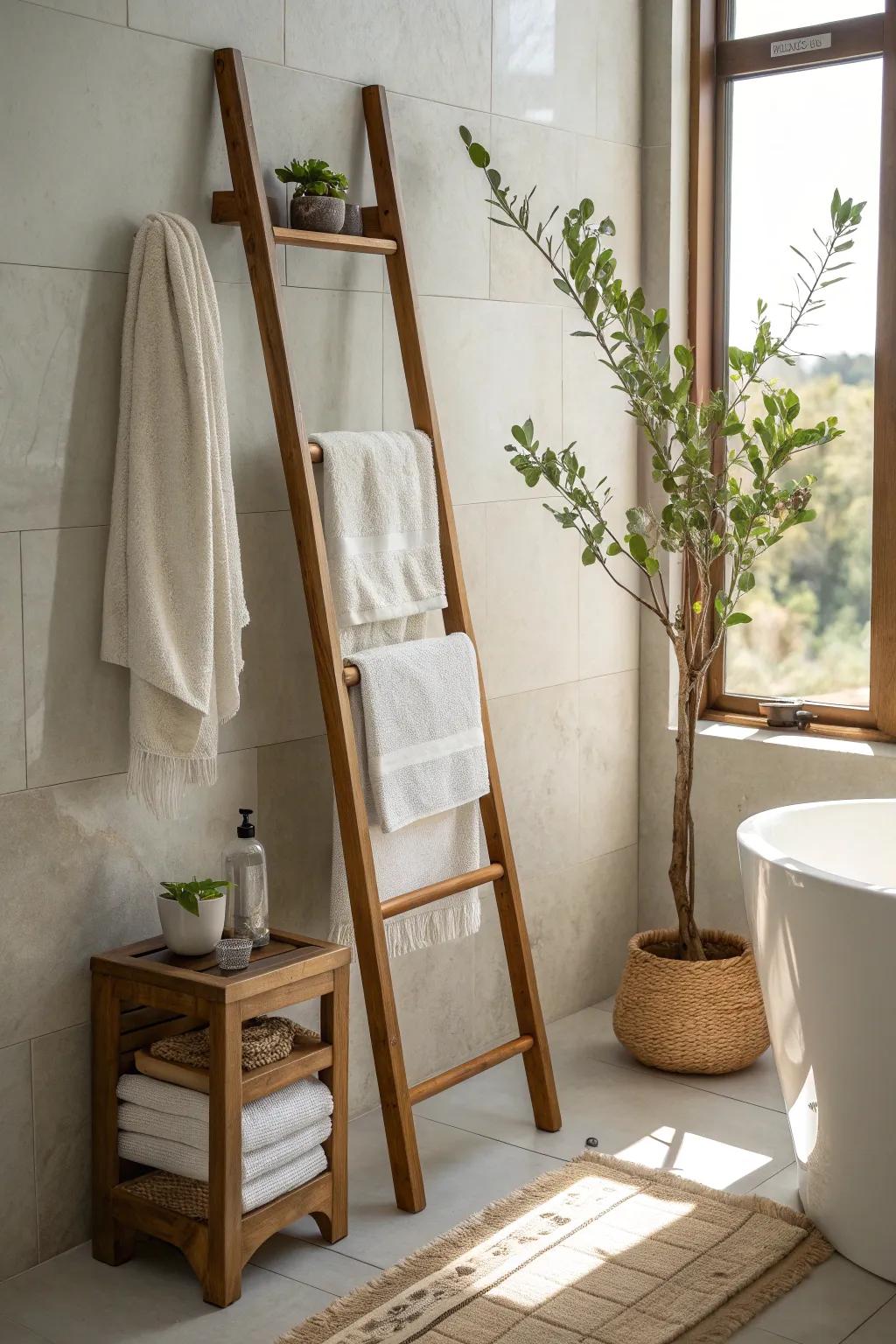 A rustic ladder adds style and practical storage for towels and more.
