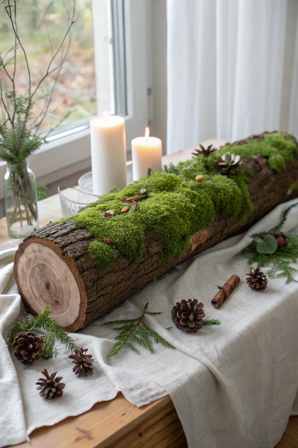 Create an enchanted forest feel with a moss-covered yule log for a touch of natural elegance.