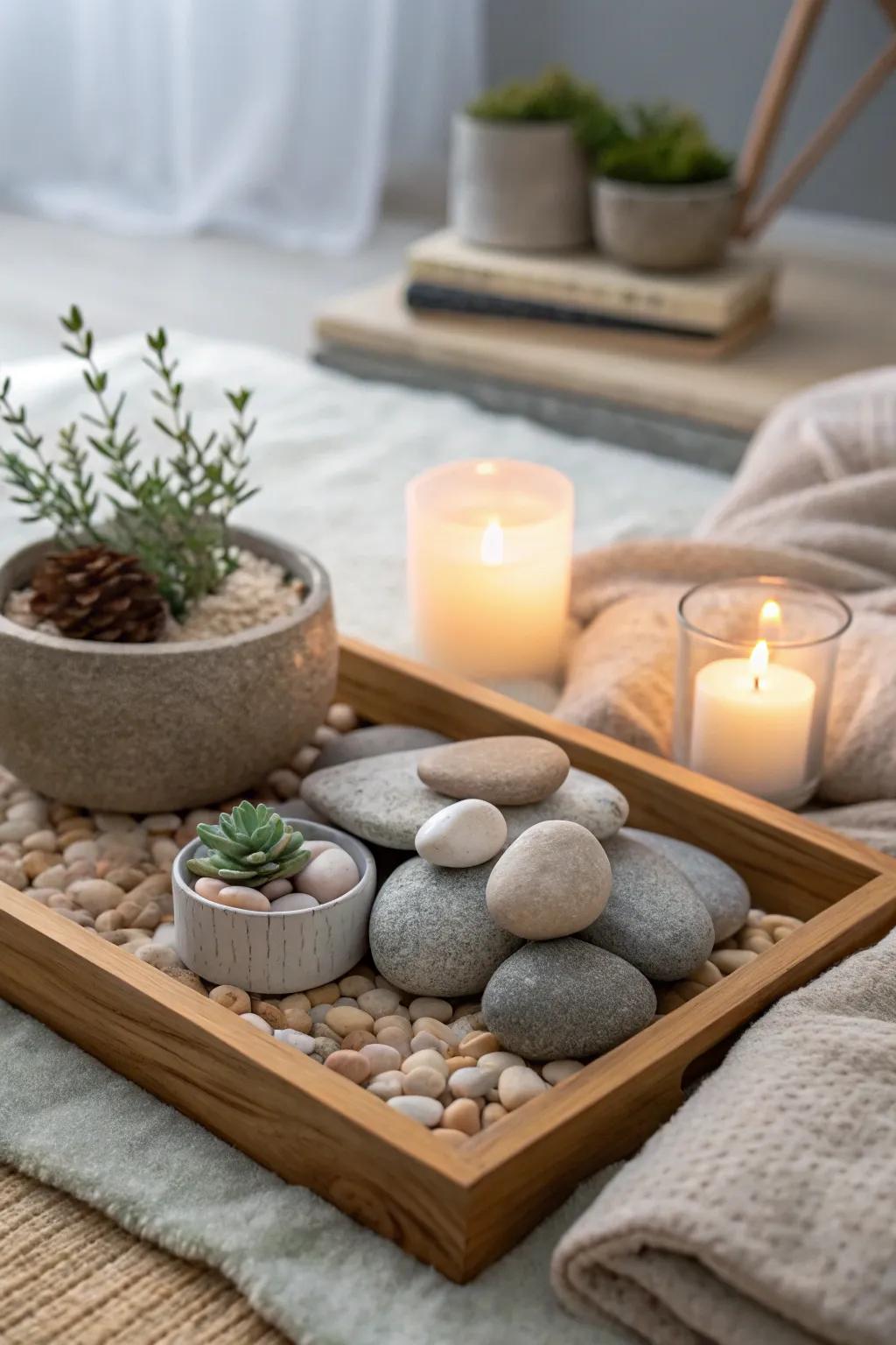 Embrace the grounding beauty of stones and pebbles in your zen sanctuary.