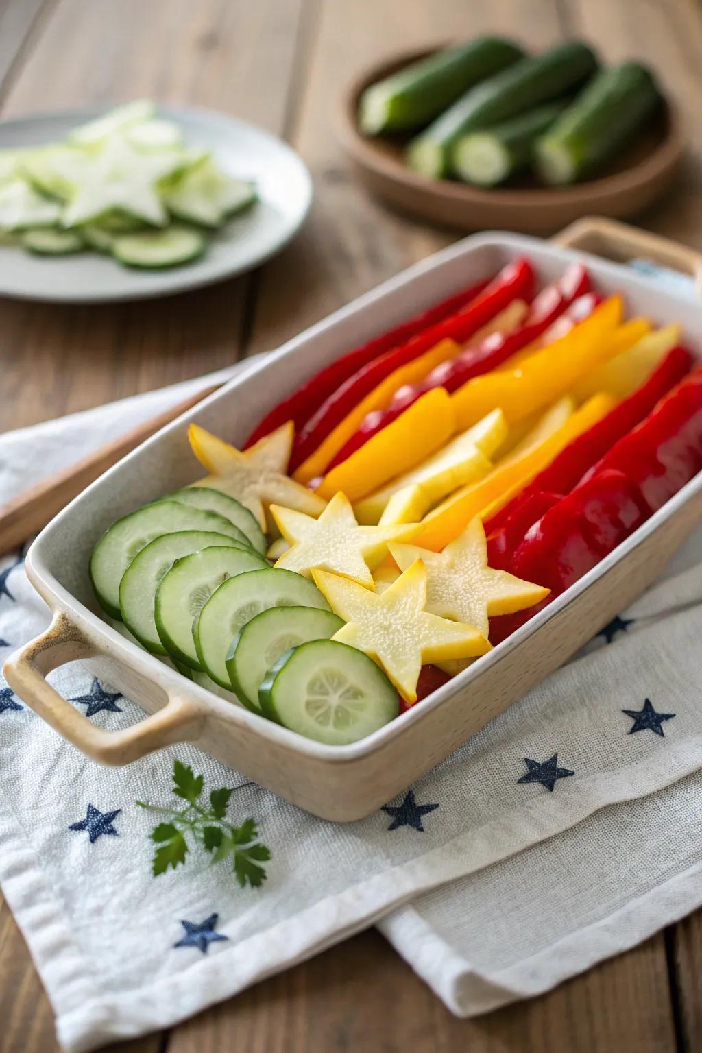 Stars and stripes take center stage in this refreshing and fun veggie tray. ⭐️🇺🇸 #PatrioticParty #VeggieTray
