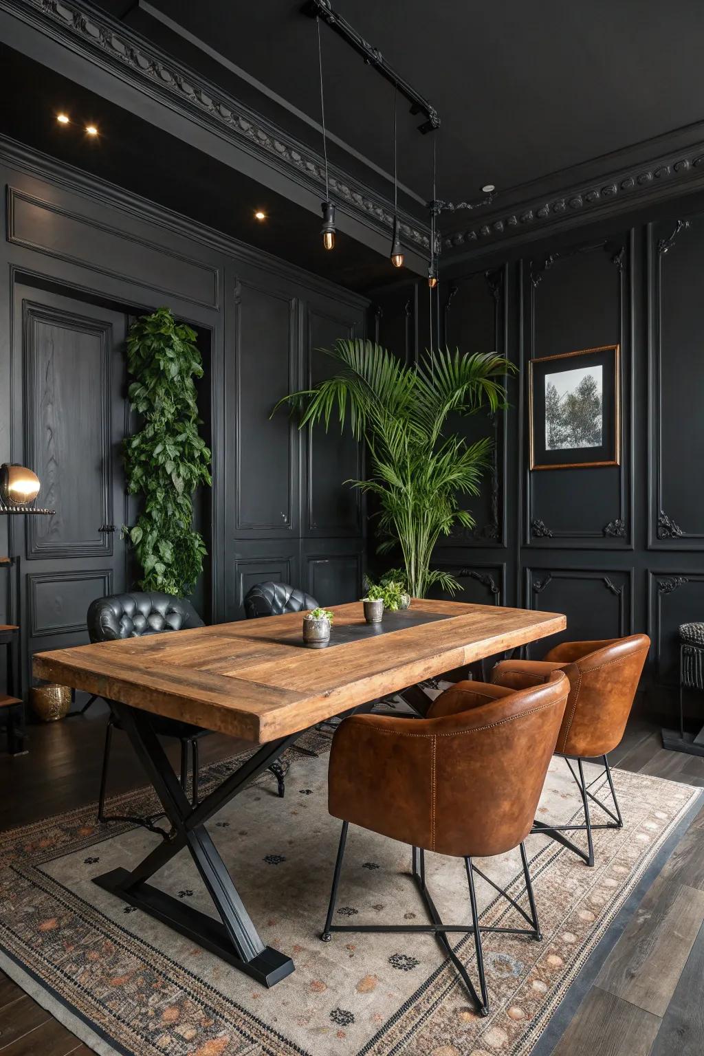 Lush plants and wooden details bring life and warmth to this bold black room. 🌿 #BiophilicDesign #InteriorInspiration