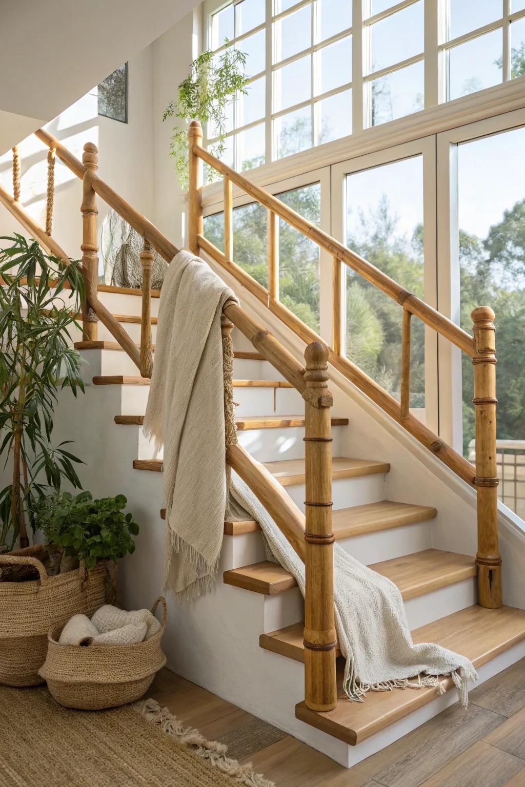 Infuse your staircase with elegance through bamboo rail accents that create continuity. 🌱 #HomeDesign #BambooAccents