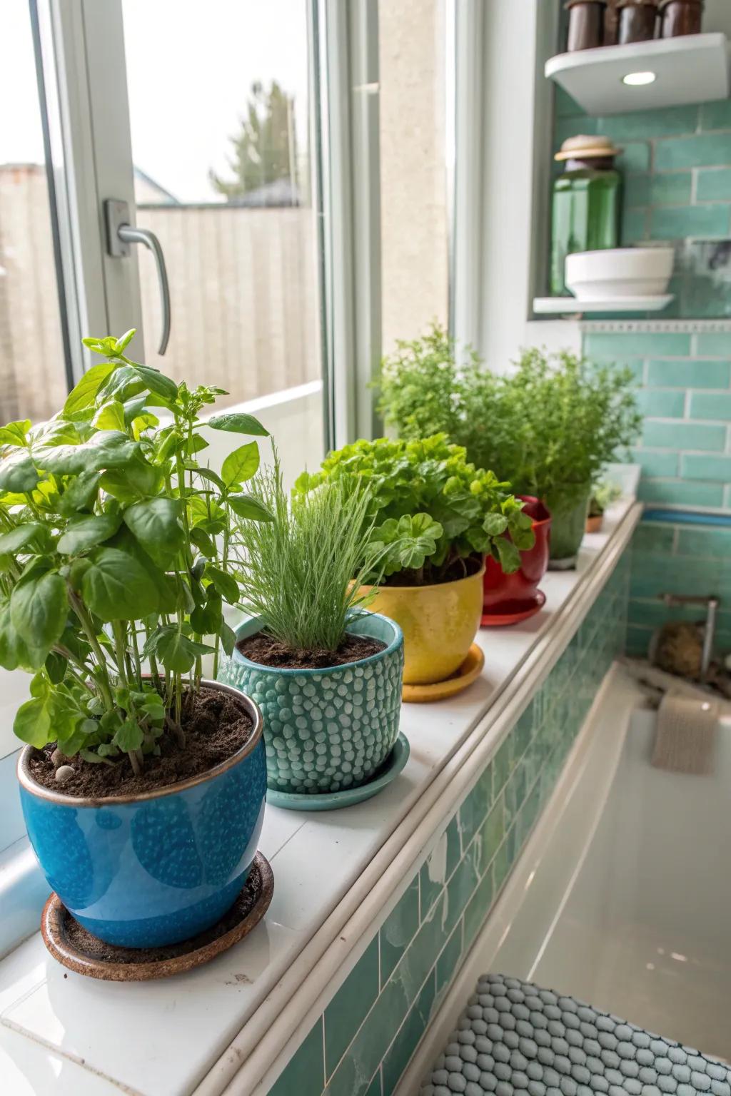 Brighten your bathroom with a charming window sill garden of herbs and succulents.