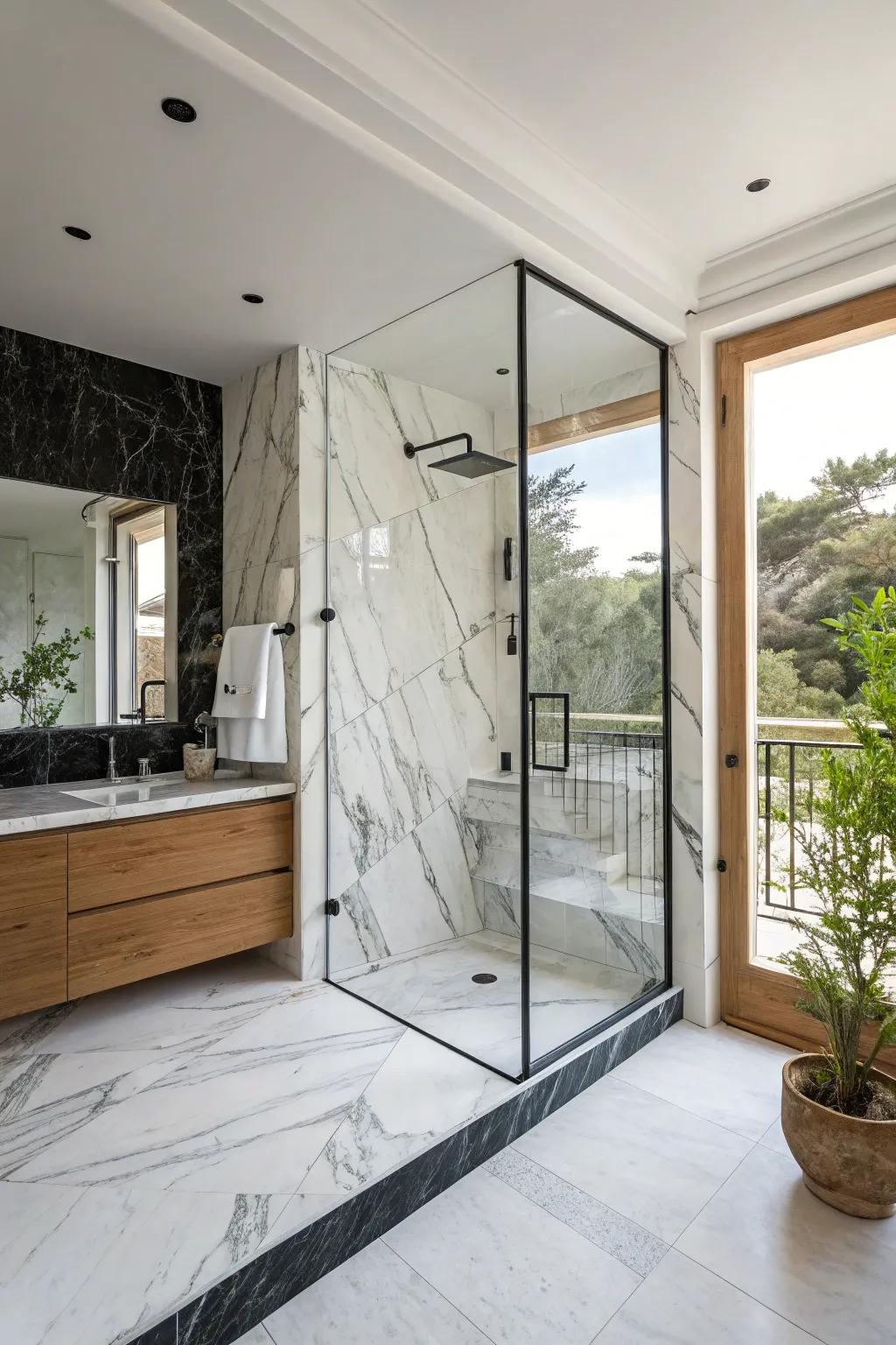 Let your marble take center stage with a clear glass shower enclosure. 🚿 #ShowerGoals #MarbleDesign #HomeStyle