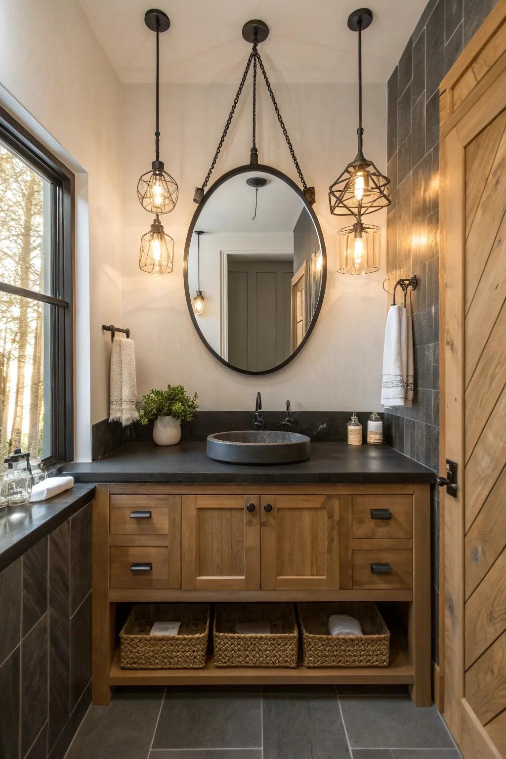 Embrace industrial chic with bold black countertops and metallic elements. 💡